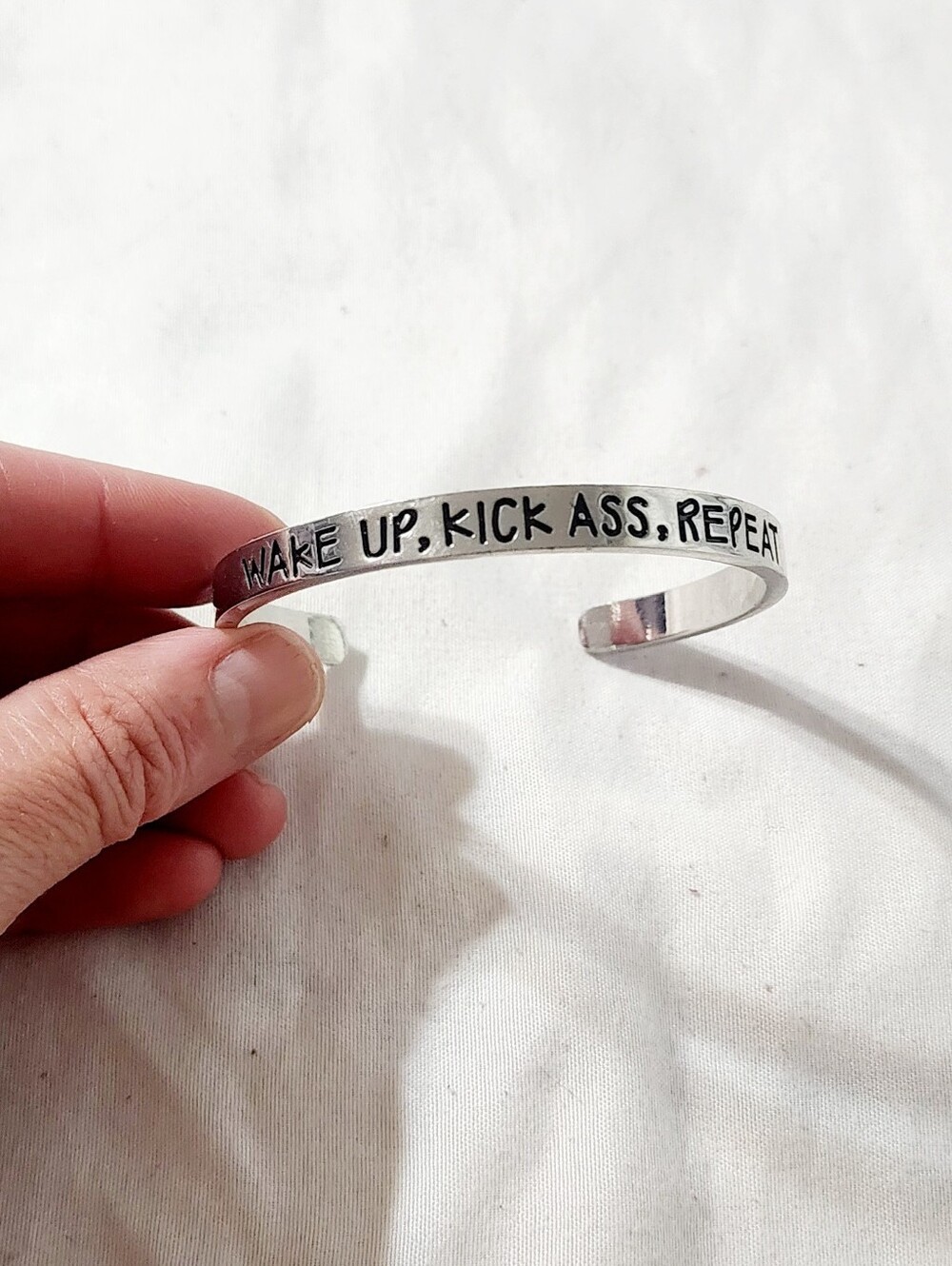 Source Unknown Silver Motivational Cuff Bracelet - "Wake Up, Kick Ass, Repeat"